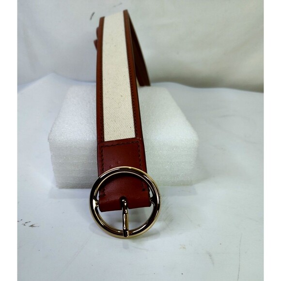 Ann Taylor S (31"-35") Womens Belt Leather Canvas Brown Beige Gold Tone Buckle - Picture 10 of 11